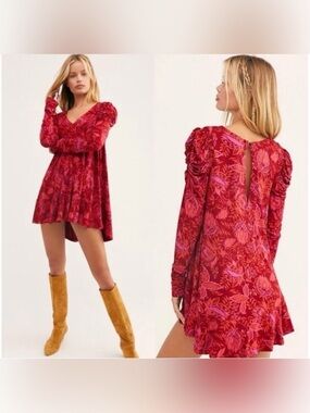 Free People Red Floral Velvet Mini Dress